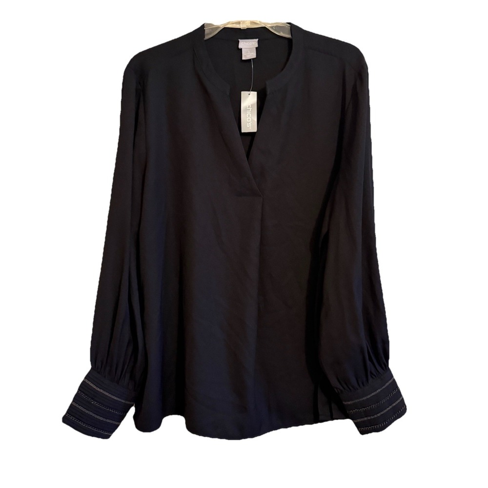 Chico's 3 Chain Cuff Textured Crepe Blouse Top‎ Black Size XL/16